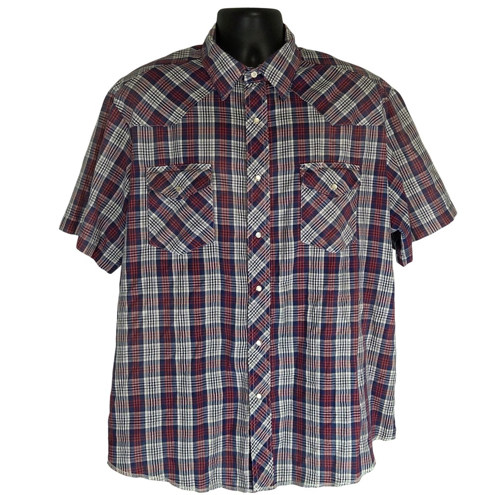 Wrangler Western Shirt Blue‎ Red Plaid Short Sleeve Button Up Casual Mens XL